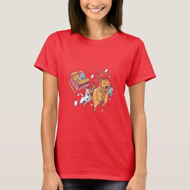 Christmas Dogs and Cat Sled T-Shirt (Front)