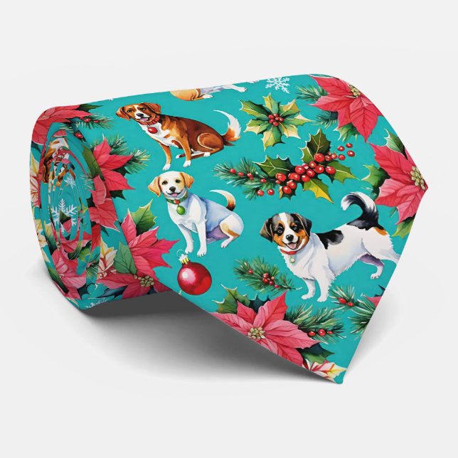 Christmas Dogs and Holly Holiday Festive Tie (Rolled)