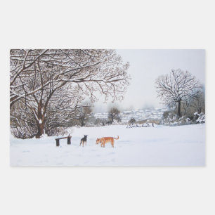 christmas dogs atmospheric landscape snow scene rectangular sticker