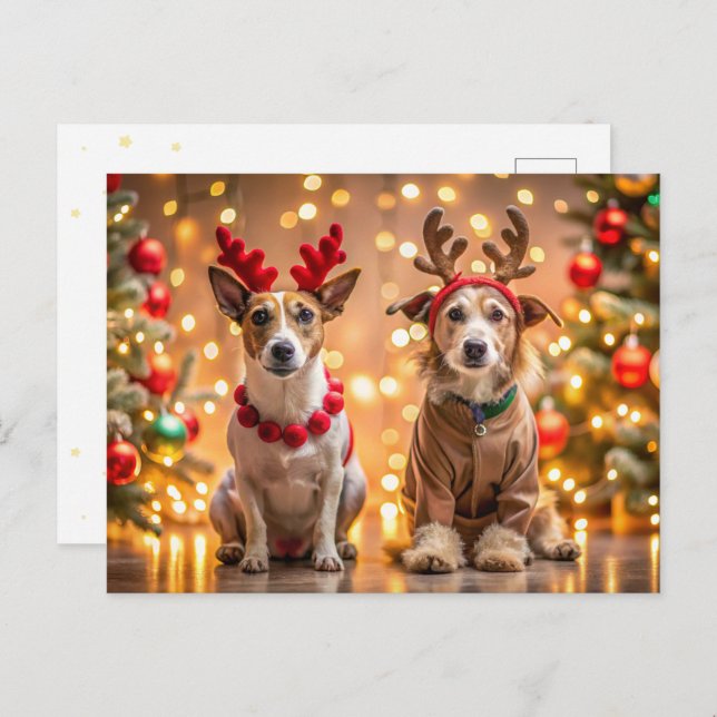 Christmas dogs dressed as reindeer holiday postcard (Front/Back)