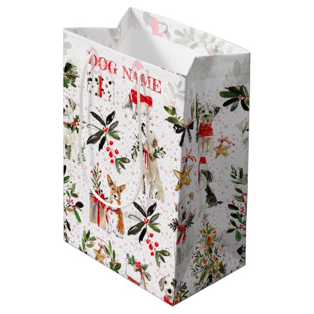 Christmas Dogs & Greenery Pattern Medium Gift Bag (Back Angled)