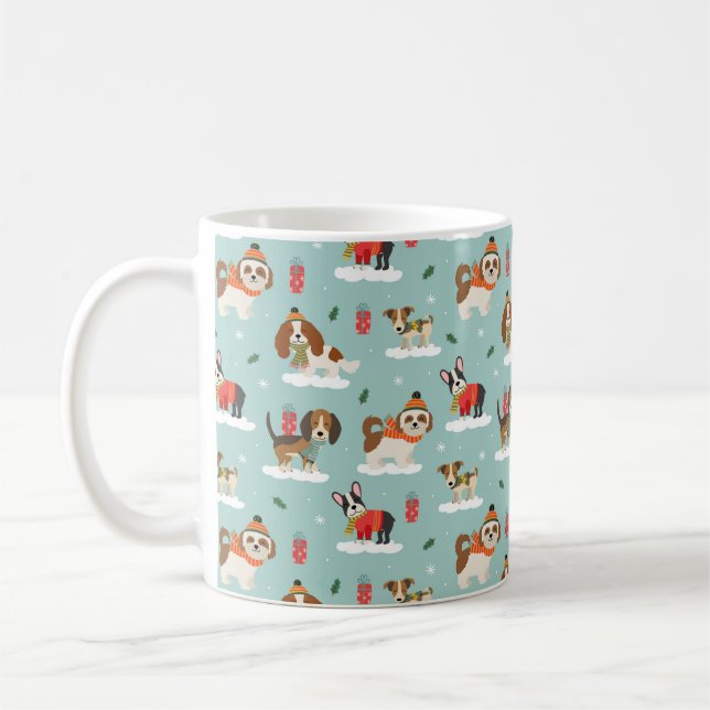 Christmas Dogs in Cosy Scarves Pattern Coffee Mug (Left)