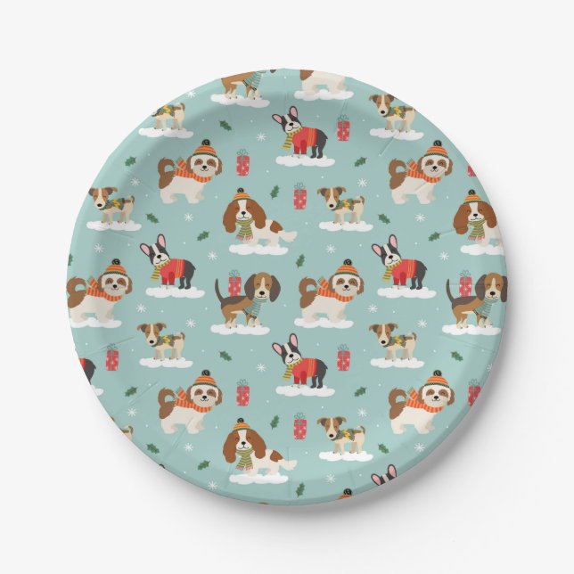 Christmas Dogs in Cosy Scarves Pattern Paper Plate (Front)