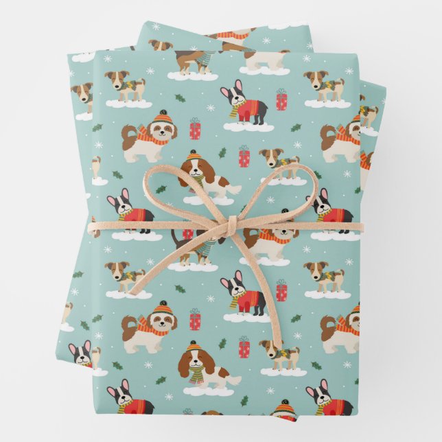 Christmas Dogs in Cosy Scarves Pattern Wrapping Paper Sheet (In situ)