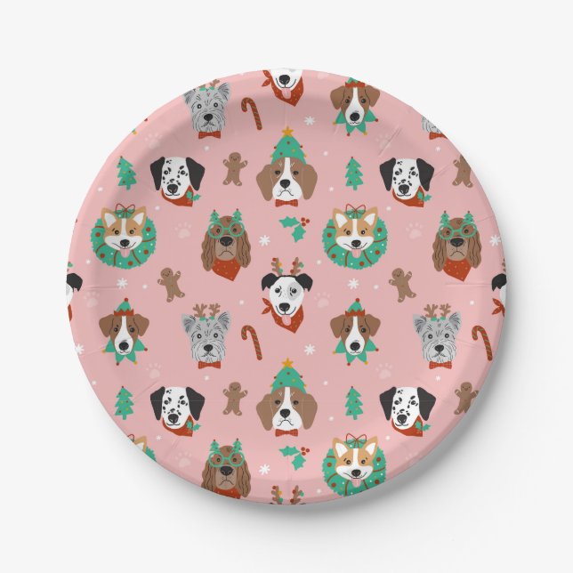 Christmas Dogs in Holiday Accessories Pattern Paper Plate (Front)