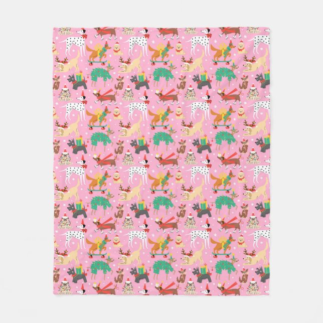 Christmas Dogs in Holiday Outfits Pattern Fleece Blanket (Front)