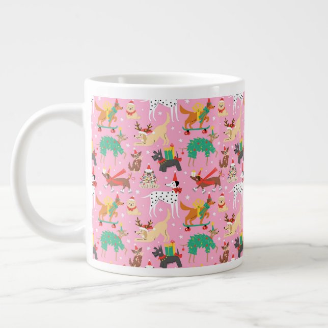 Christmas Dogs in Holiday Outfits Pattern Large Coffee Mug (Left)