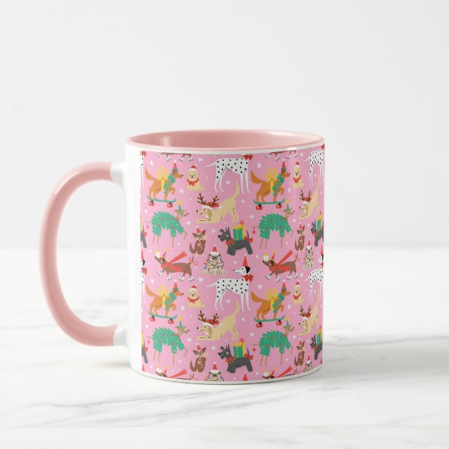 Christmas Dogs in Holiday Outfits Pattern Mug (Left)
