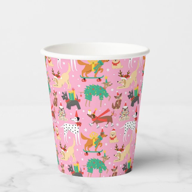 Christmas Dogs in Holiday Outfits Pattern Paper Cups (Front)