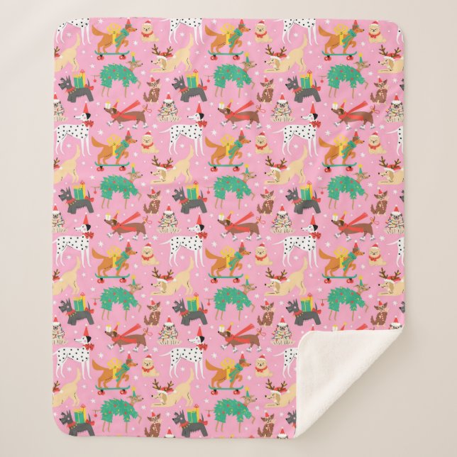 Christmas Dogs in Holiday Outfits Pattern Sherpa Blanket (Front)