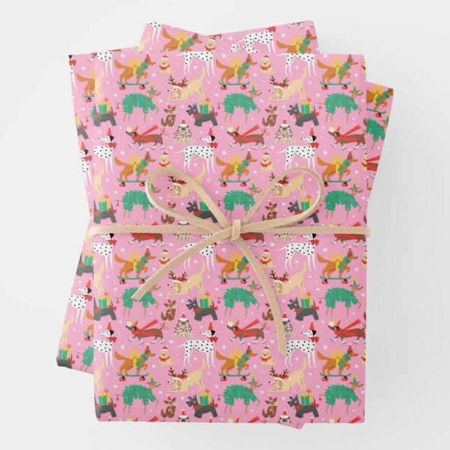 Christmas Dogs in Holiday Outfits Pattern Wrapping Paper Sheet (In situ)