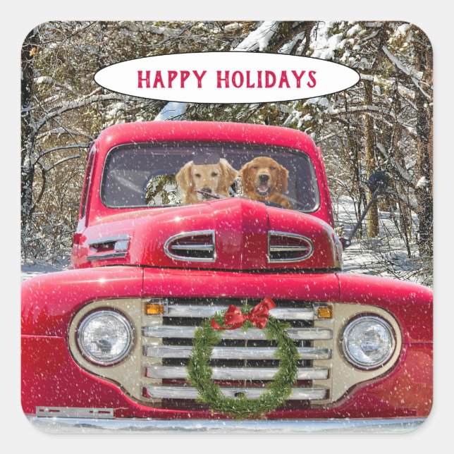 Christmas dogs in retro red truck square sticker (Front)