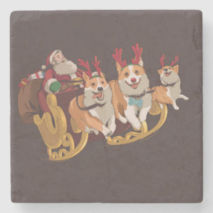 Christmas Dogs On A Sleigh With Santa Stone Coaster