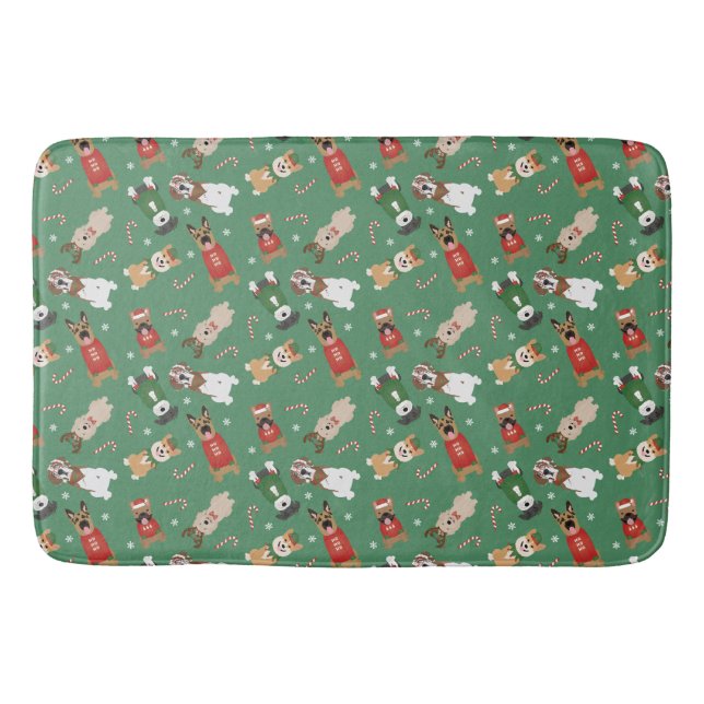 Christmas Dogs Pattern Red Green Bath Mat (Front)