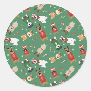 Christmas Dogs Pattern Red Green Classic Round Sticker