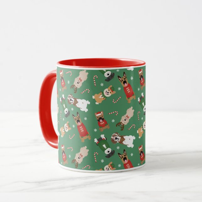 Christmas Dogs Pattern Red Green Mug (Front Left)
