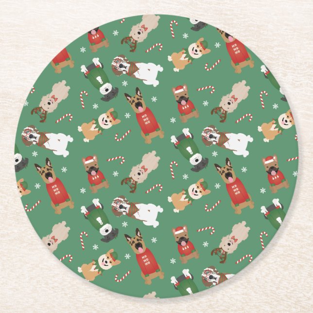 Christmas Dogs Pattern Red Green Round Paper Coaster (Front)