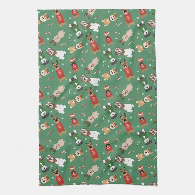 Christmas Dogs Pattern Red Green Tea Towel (Vertical)