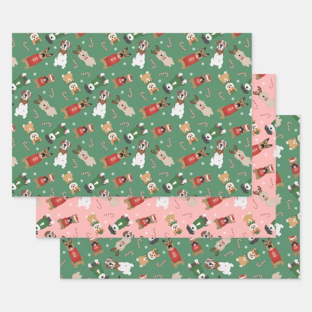 Christmas Dogs Pattern Red Green Wrapping Paper Sheet (Set)