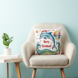 Christmas Dolphin in Tropical Paradise Cushion