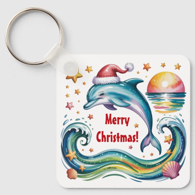 Christmas Dolphin in Tropical Paradise  Key Ring (Front)