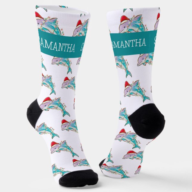 Christmas Dolphin Sea Ocean Personalised name  Socks (Angled)