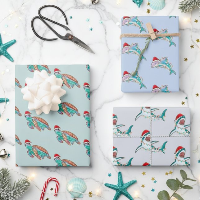 Christmas Dolphin Shark Turtle Sea life  Wrapping Paper Sheet (Creator Uploaded)