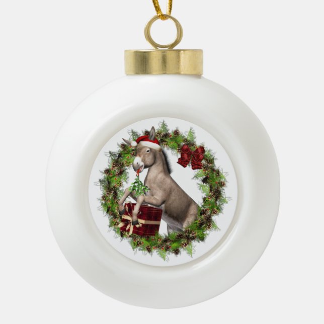 Christmas Donkey Santa Ceramic Ball Ornament (Front)