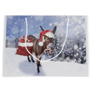 Christmas donkey with funny red hat large gift bag
