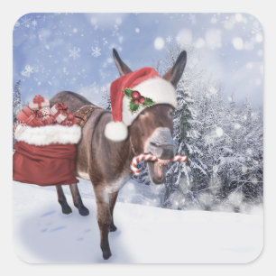 Christmas donkey with funny red hat square sticker