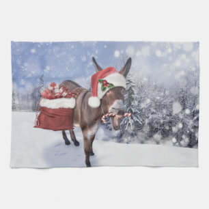 Christmas donkey with funny red hat tea towel