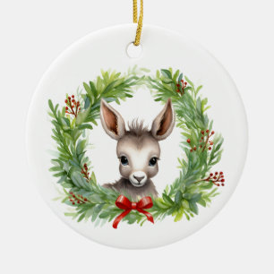 Christmas Donkey with Holiday Wreath Ceramic Tree Decoration
