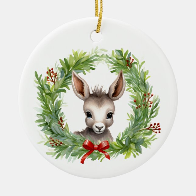 Christmas Donkey with Holiday Wreath Ceramic Tree Decoration (Front)