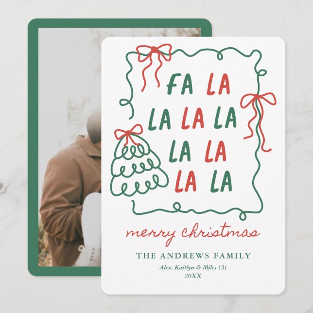 Christmas Doodle Bows Red & Green Merry Christmas Holiday Card (Front/Back)