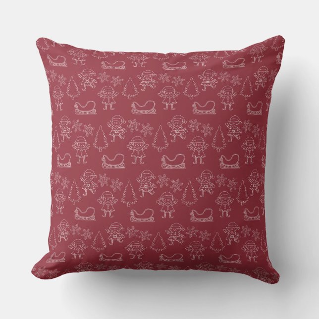 Christmas Doodle Elves & Snowflakes Dark Red Cushion (Front)