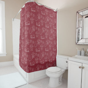 Christmas Doodle Elves & Snowflakes Dark Red Shower Curtain