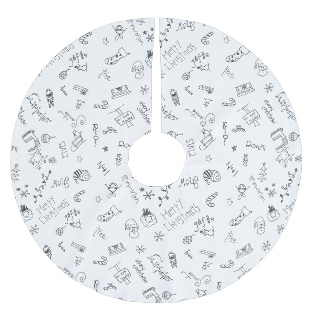 christmas doodle fun black and white brushed polyester tree skirt (Front)