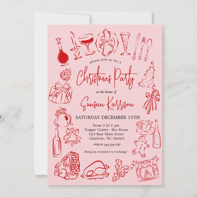 Christmas Doodle Invitation, Christmas Dinner Invitation (Front)