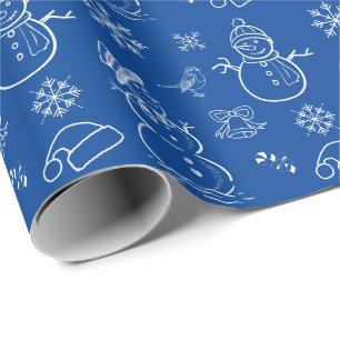Christmas Doodle Snowman Funny Blue and White Wrapping Paper