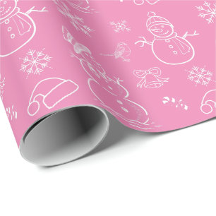 Christmas Doodle Snowman Funny Pink and White Wrapping Paper