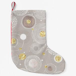 Christmas doodles: golden foil background. small christmas stocking
