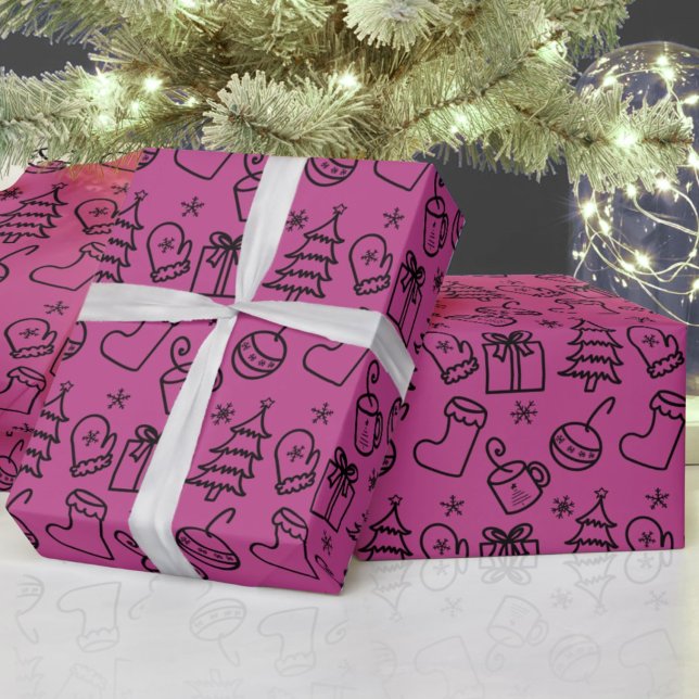 Christmas doodles Pink Rose Violet & Black Gift Wrapping Paper (Creator Uploaded)
