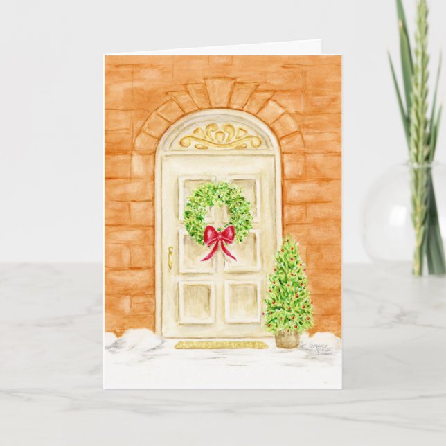 Christmas Door Front Wreath Greeting Card (Front)