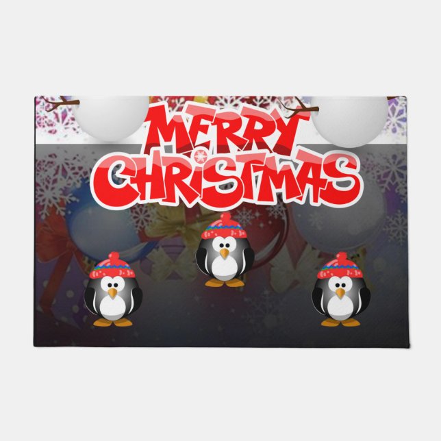 Christmas Door Mat, Merry Christmas Penguin Doormat (Front)