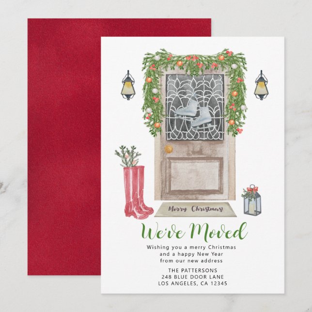 Christmas Door Watercolor Moving Announcement (Front/Back)