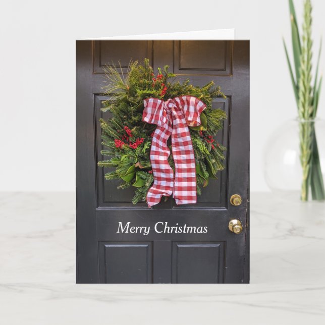 Christmas Door Wreath Bow Red  Festive Holiday Card (Front)