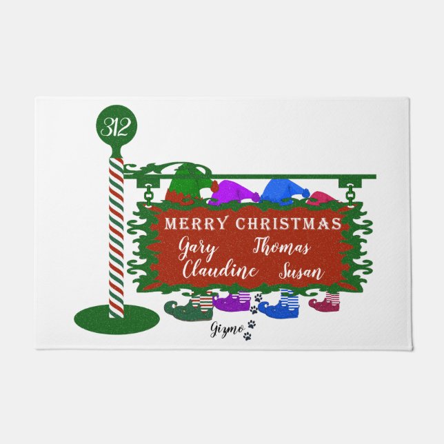 Christmas Doormat with Family Names Elves Sign (Front)