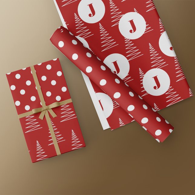 Christmas Dots & Trees Custom Monogram Red Wrapping Paper Sheet (Creator Uploaded)