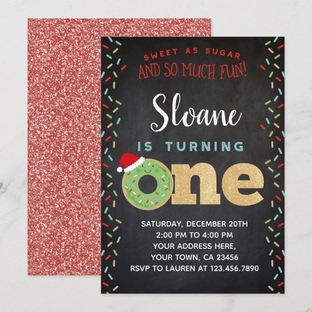 Christmas Doughnut 1st Birthday Invitation (Front/Back)