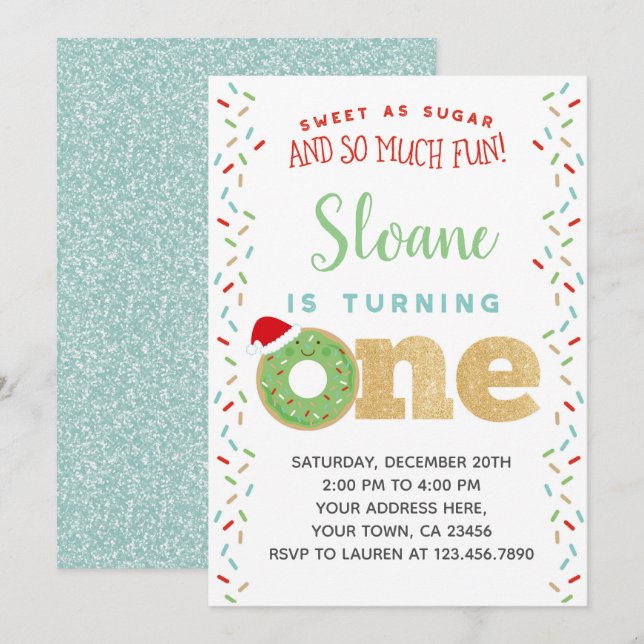 Christmas Doughnut 1st Birthday Invitation (Front/Back)